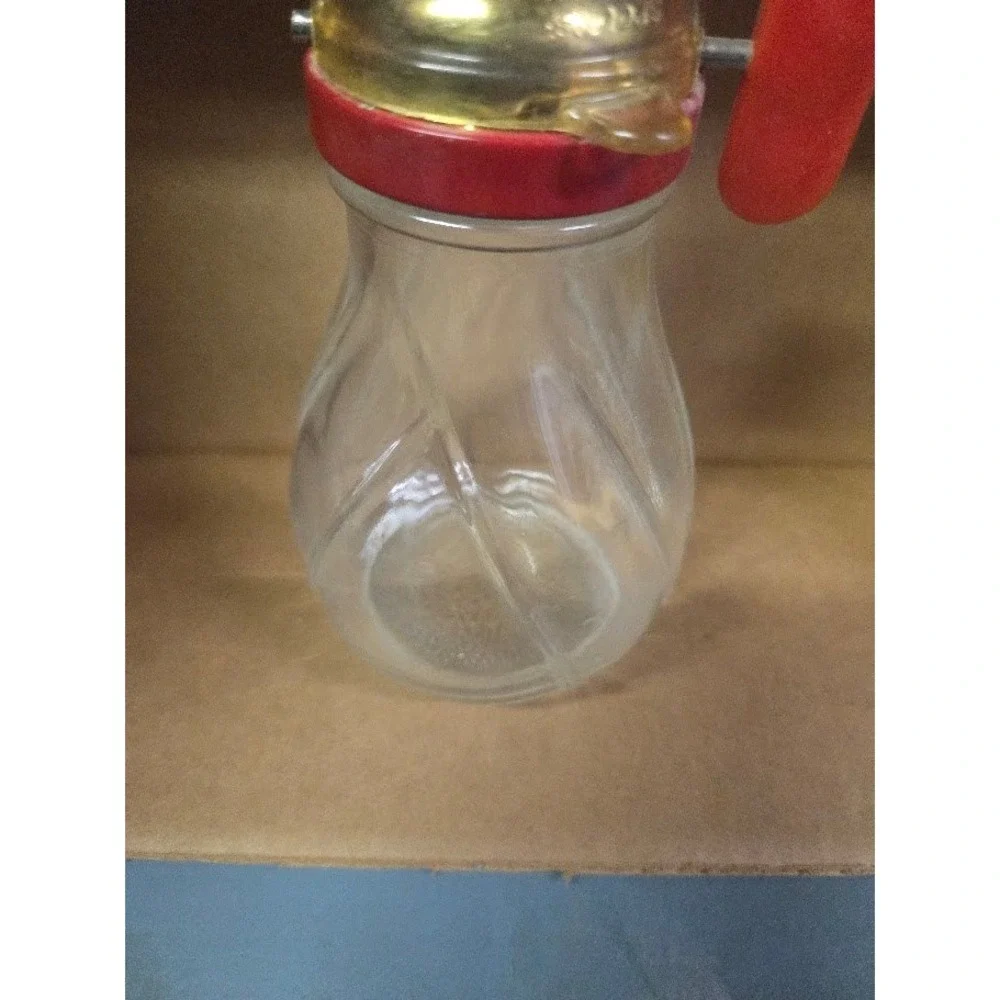 Vintage Hazel Atlas Glass Sugar Shaker Dispenser Red Plastic Top Swirl Base